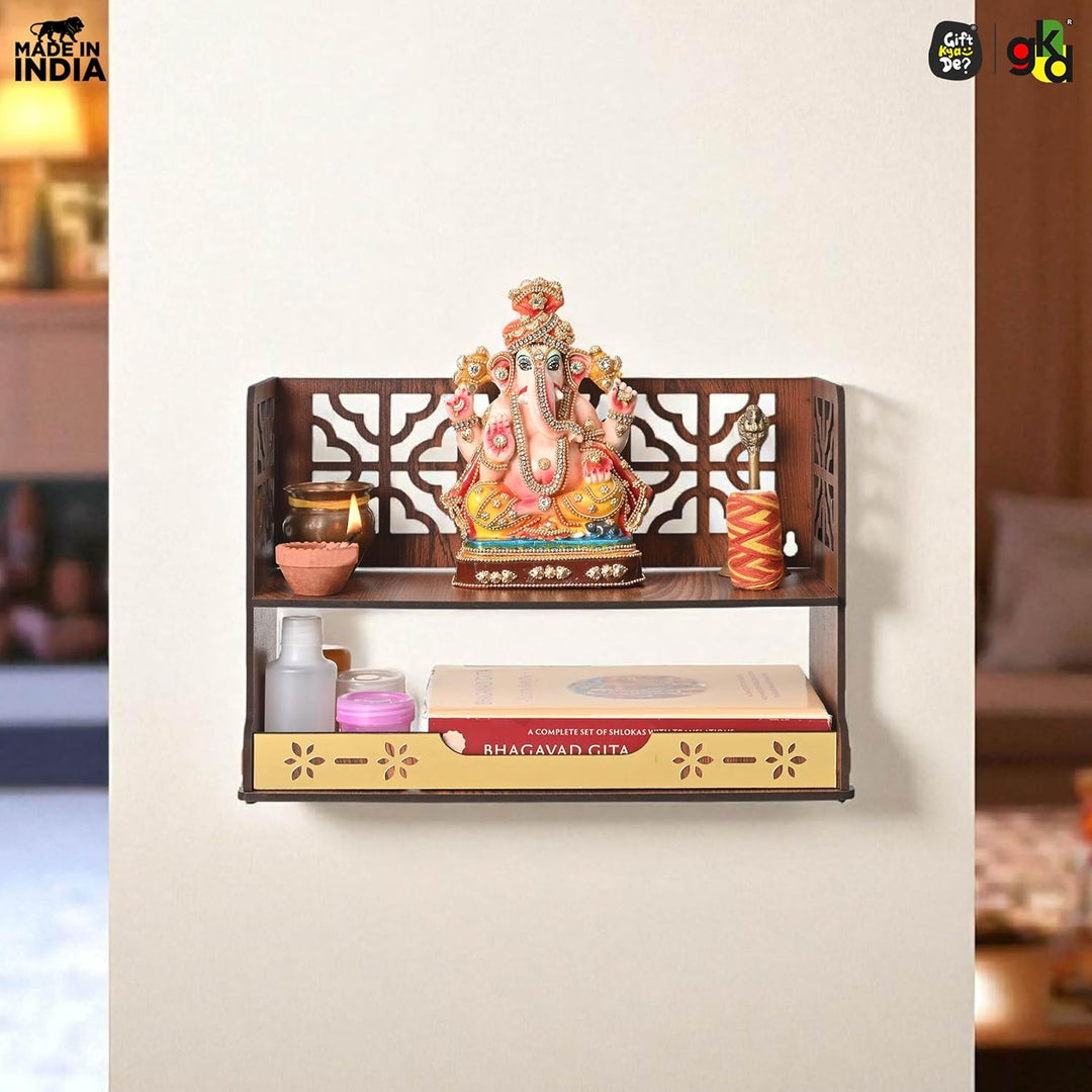 Aastha Compact Wooden Pooja Mandir for Home & Office | Small Table Top & Wall Mounted Wooden Temple Stand with Golden Acrylic Elegance (H - 8 x L - 12 x W - 5.5 Inch) - Suspire