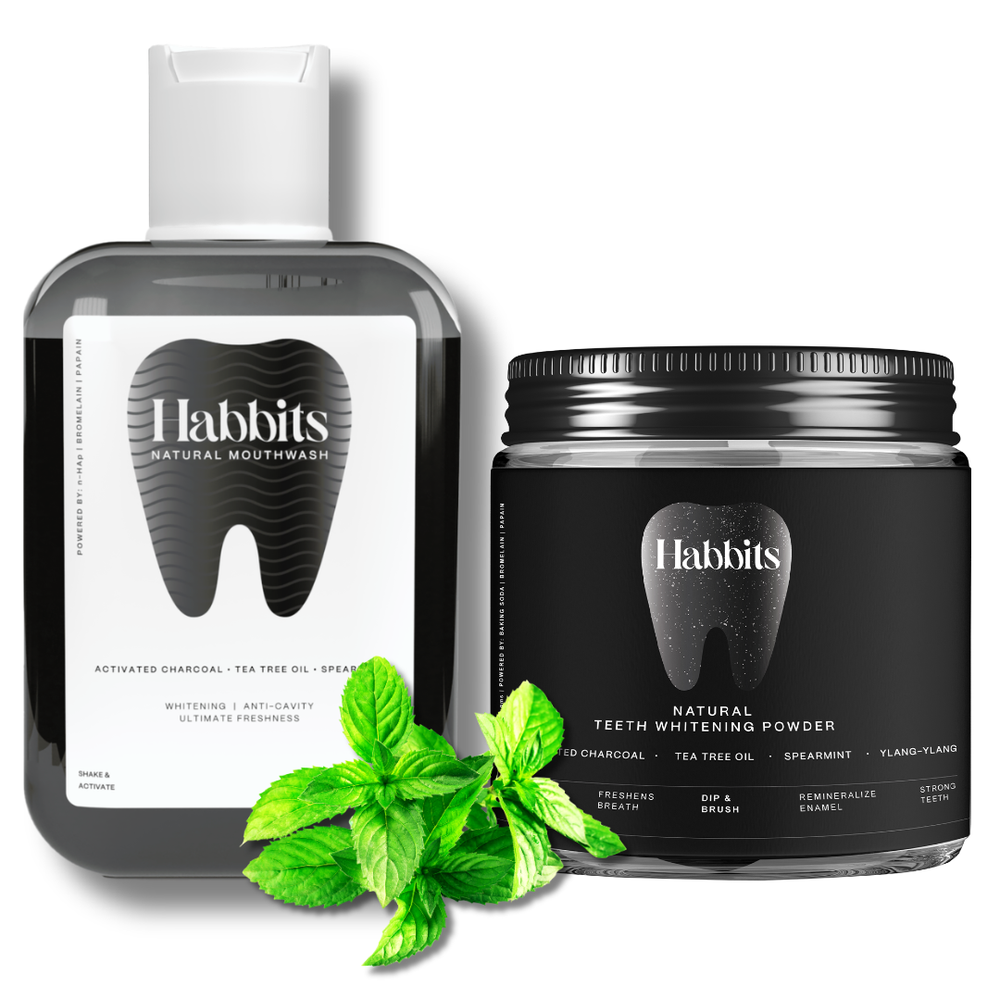 Habbits Charcoal Ylang-Ylang Mint Natural Teeth Whitening Powder (50g) + Natural Whitening Mouthwash (250ml) | Fluoride-Free | Vegan | SLS-Free | Fights Plaque & Bad Breath | Gentle on Gums
