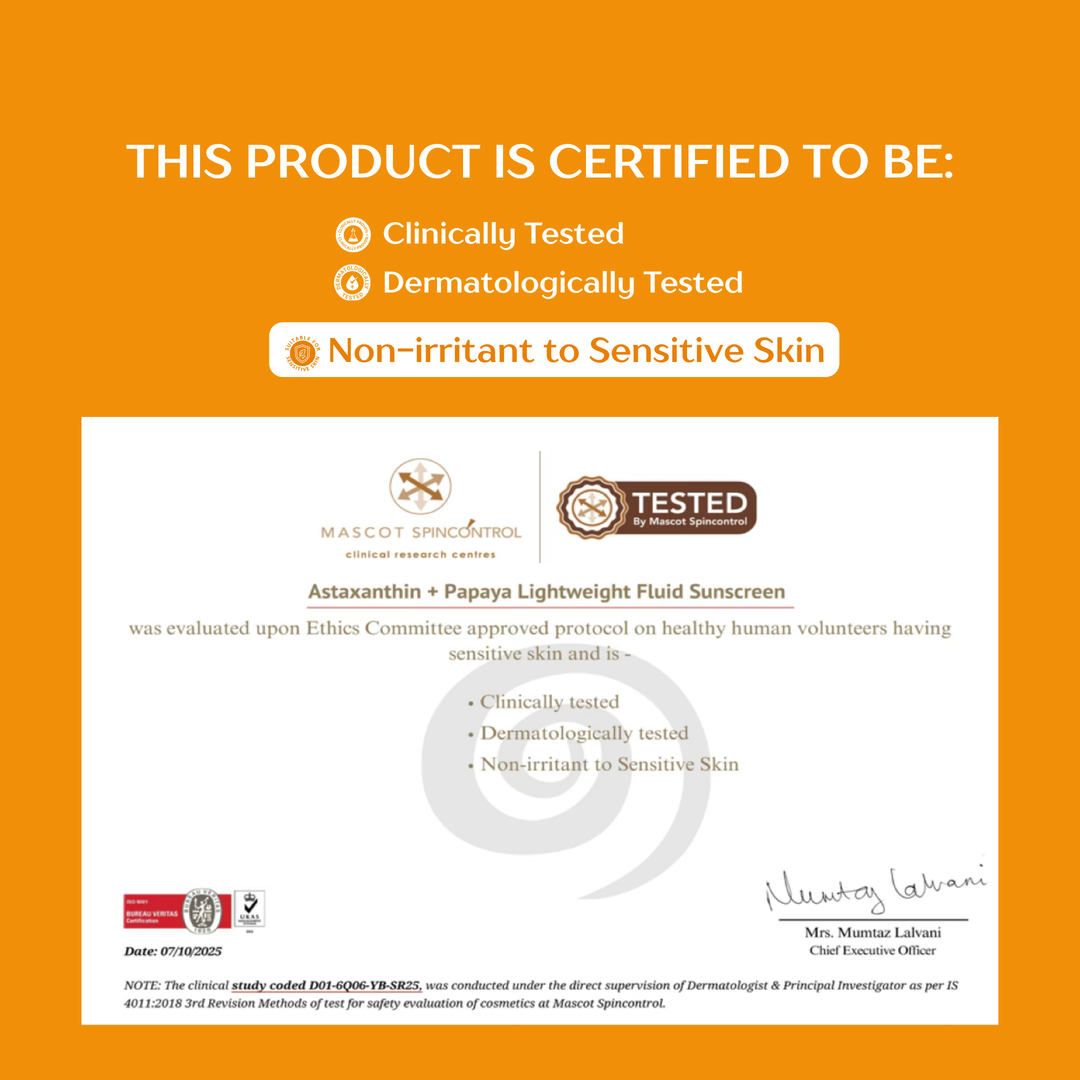 Astaxanthin+Papaya Lightweight Fluid Sunscreen | In-Vivo Tested for SPF 50+ | Lightweight Fluid | Non-greasy | Suitable for sensitive skin | All skin types
