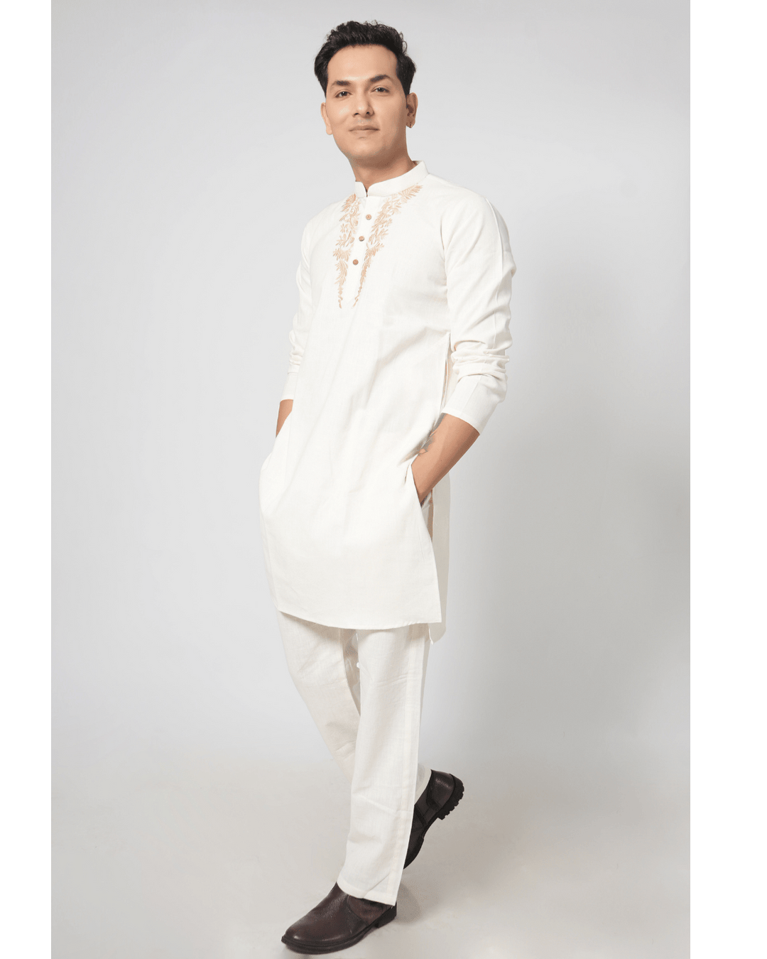 Natural Raw Classic Embroidered Kurta Set