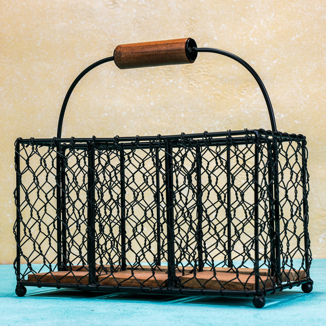 Ireka Homes Arcade Utensils Holder – Handcrafted Iron & Acacia Wood Organizer – Durable Storage Caddy for Bottles, Cutlery, Napkins & Kitchen Essentials