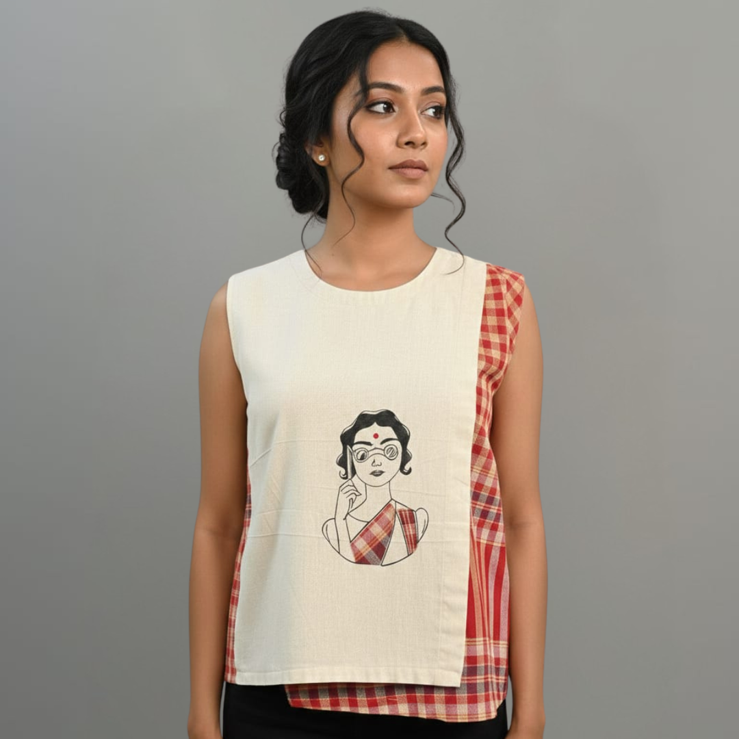  Unbleached Cotton & Gamcha Sleeveless Top — Hand-Painted Charulata   