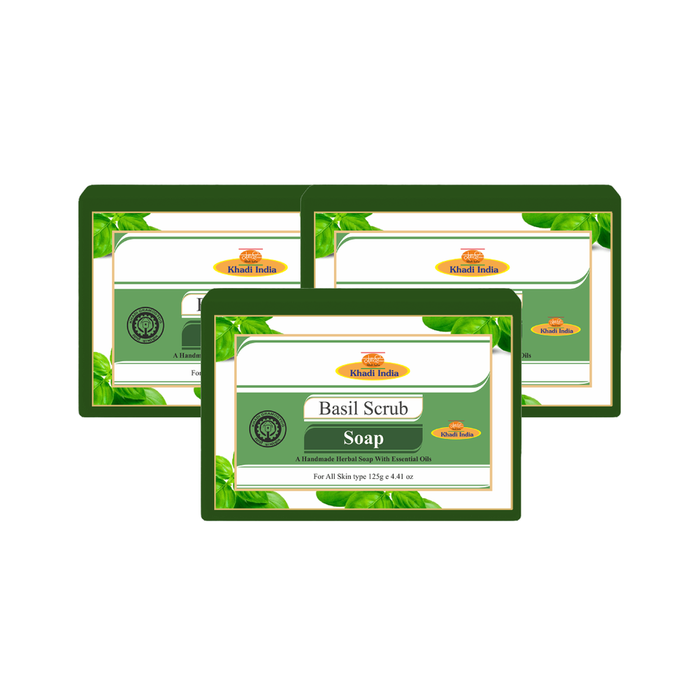 Khadi Care Herbal Basil Scrub Soap  -Pack of 3 125 gm Each