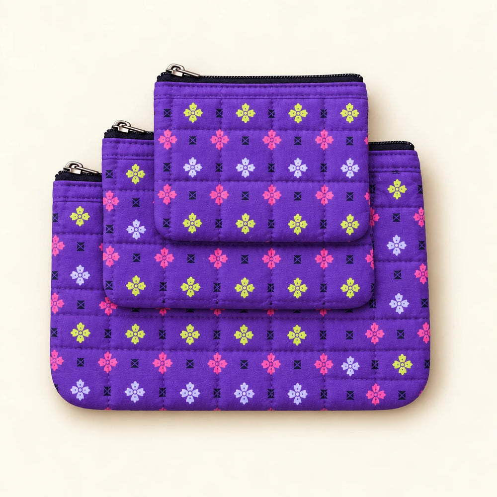 Pravaah Punh Quilted Cotton Flat Pouch Set of 3, Multipurpose Organisers