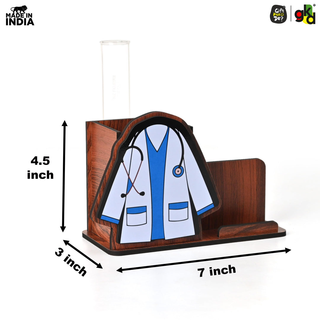 Advocate - Doctor Themed Wooden Desk Organizer | Mobile Stand, Pen Holder, Visiting Card Slot & Test Tube Planter - Suspire