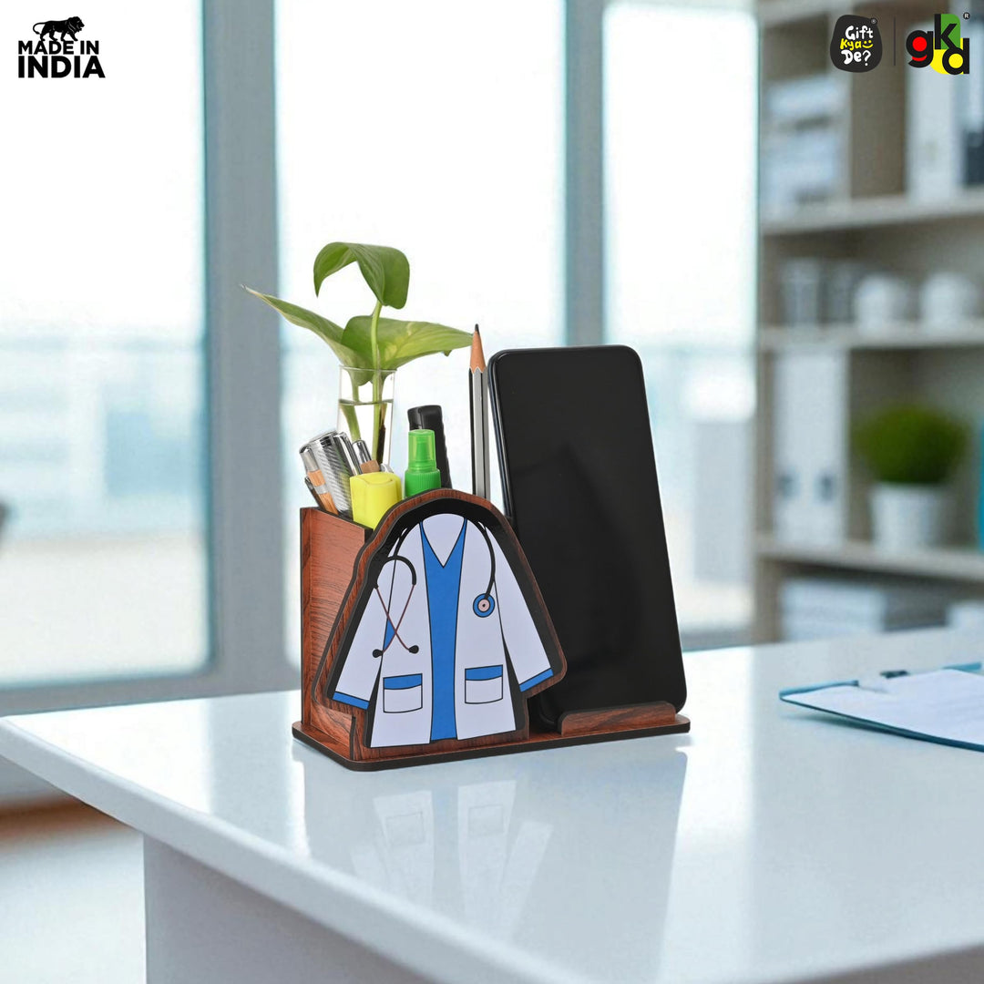 Advocate - Doctor Themed Wooden Desk Organizer | Mobile Stand, Pen Holder, Visiting Card Slot & Test Tube Planter - Suspire