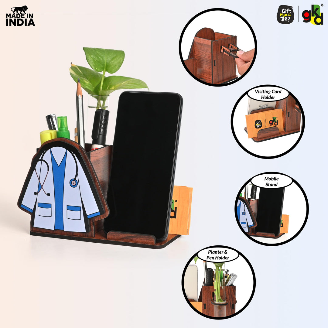 Advocate - Doctor Themed Wooden Desk Organizer | Mobile Stand, Pen Holder, Visiting Card Slot & Test Tube Planter - Suspire