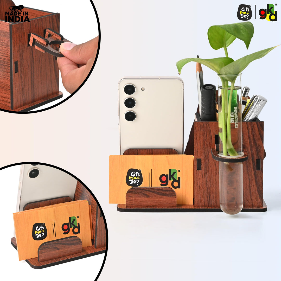 Advocate - Doctor Themed Wooden Desk Organizer | Mobile Stand, Pen Holder, Visiting Card Slot & Test Tube Planter - Suspire