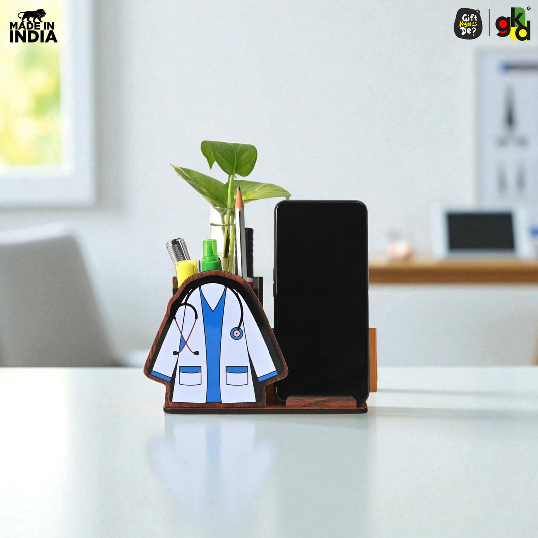 Advocate - Doctor Themed Wooden Desk Organizer | Mobile Stand, Pen Holder, Visiting Card Slot & Test Tube Planter - Suspire