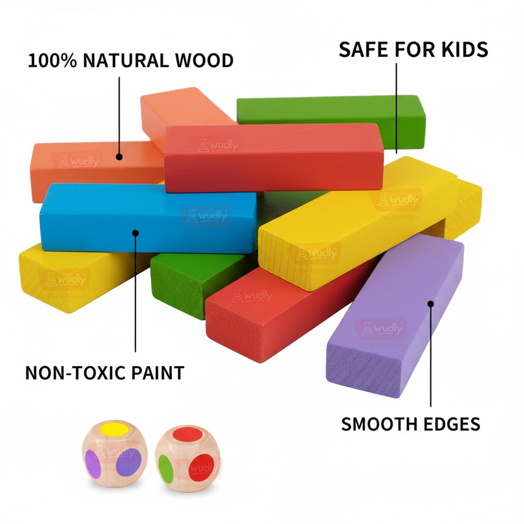 Wudly Toys Wooden Colour Stacking Tower | Colour Blocks with 2 Dice