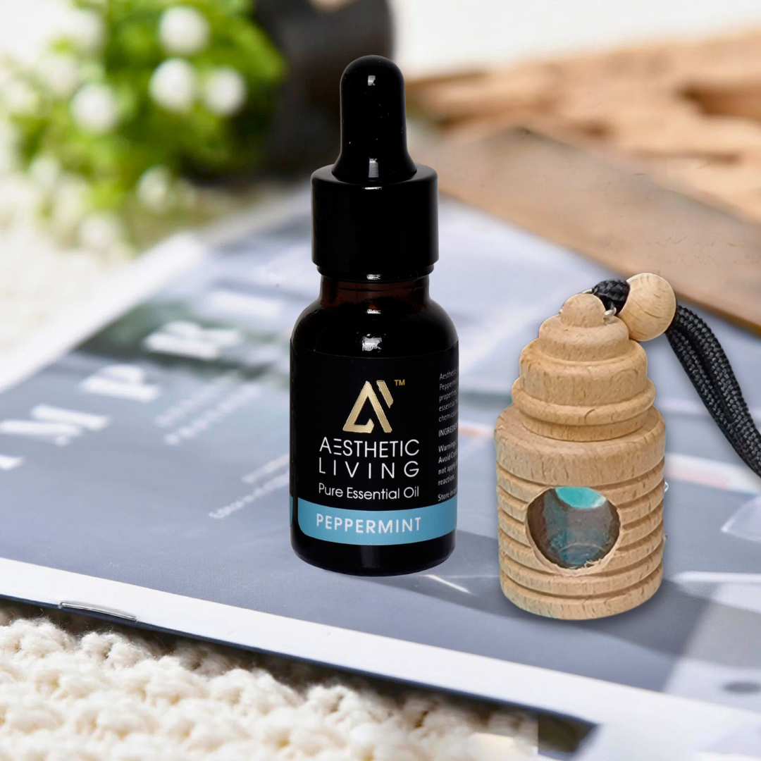 Aesthetic Living Car Aromatizer Diffuser Bottle with Essential Oil(Wooden Hut bottle -06ml + Essential oil-15ml)