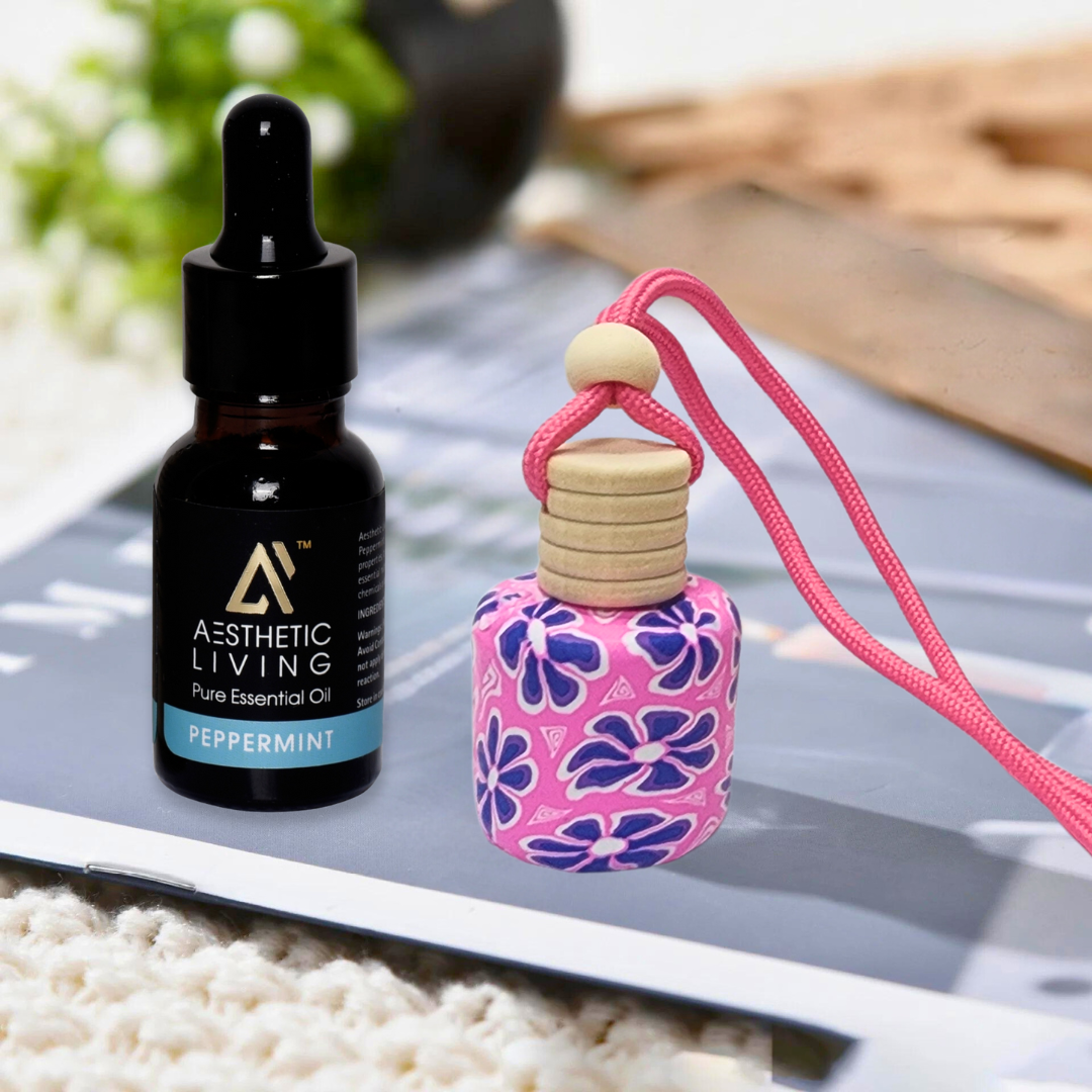 Aesthetic living floral car aromatizer/ diffuser bottle with essential oil (Multi shape-5ml+ essential oil 15ml)