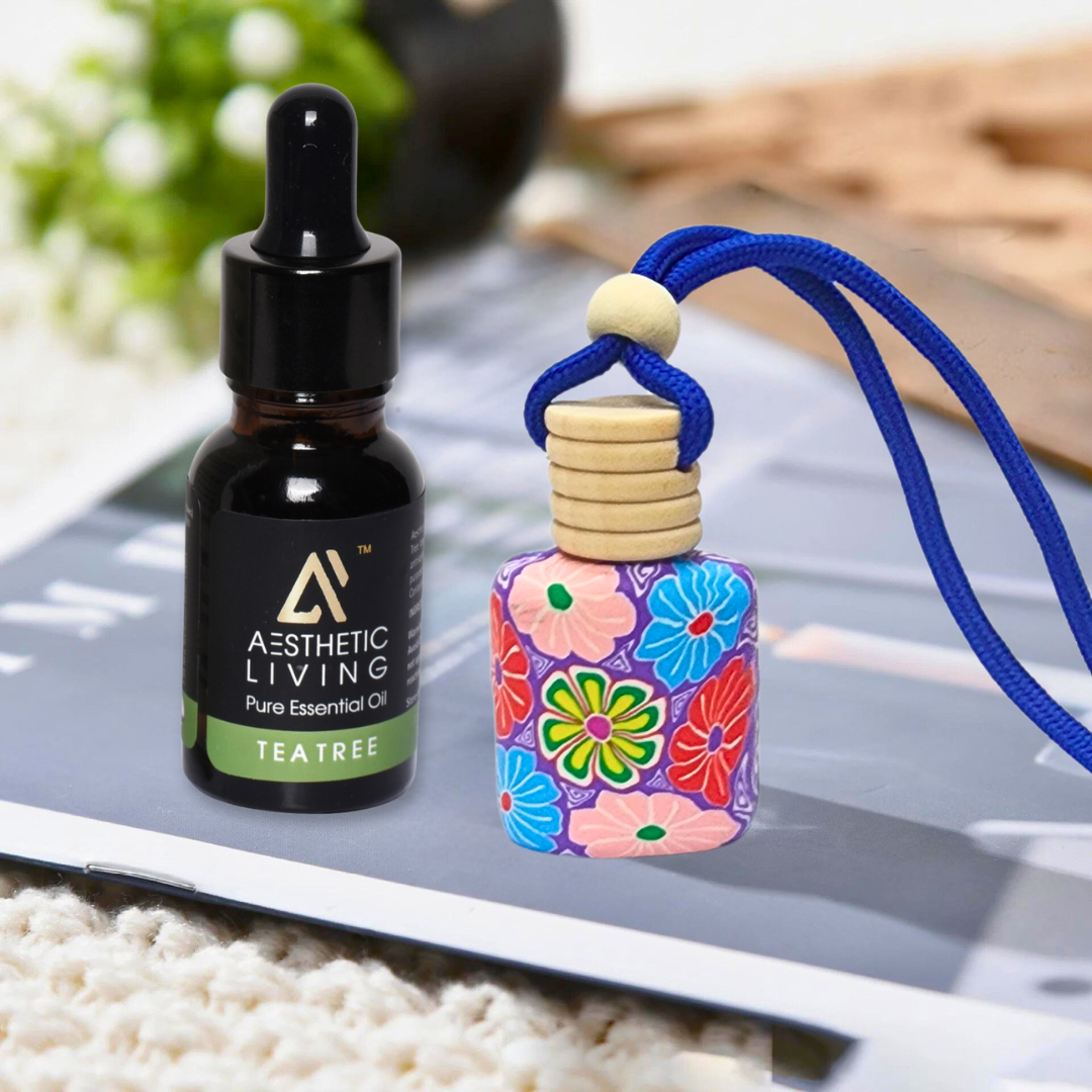 Aesthetic living floral car aromatizer/ diffuser bottle with essential oil (Multi shape-5ml+ essential oil 15ml)