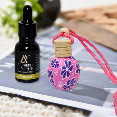 Aesthetic living floral car aromatizer/ diffuser bottle with essential oil (Multi shape-5ml+ essential oil 15ml)