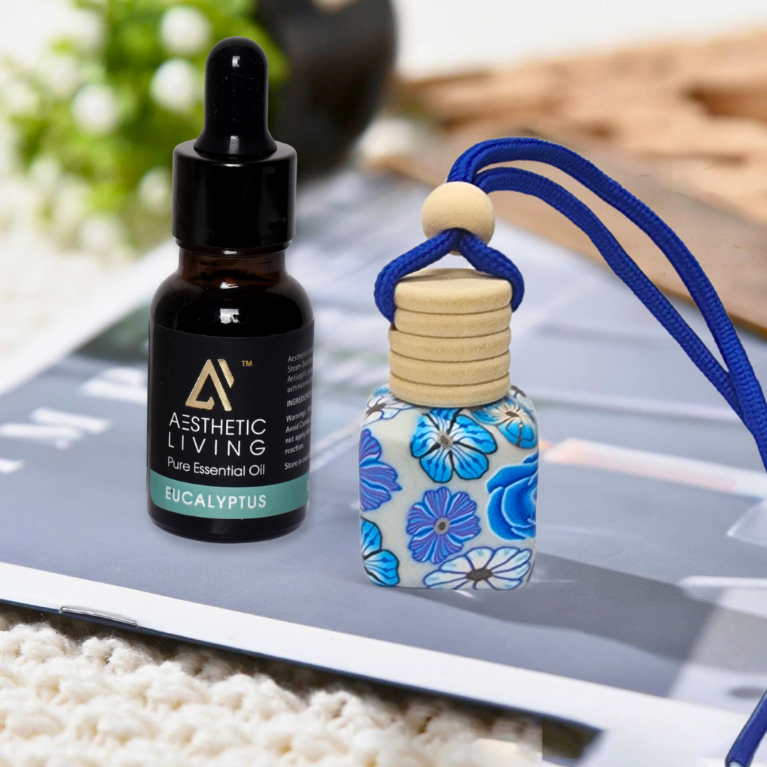 Aesthetic living floral car aromatizer/ diffuser bottle with essential oil (Multi shape-5ml+ essential oil 15ml)
