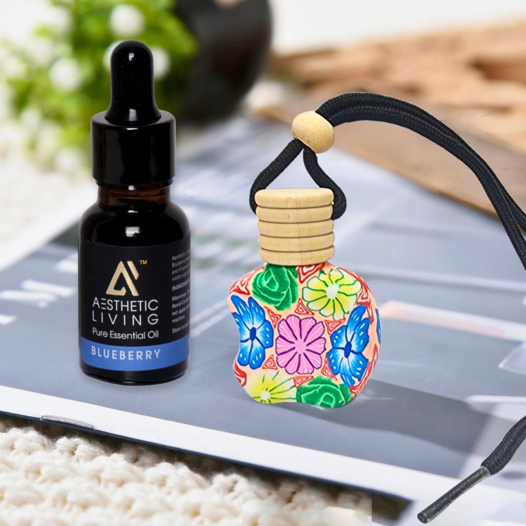 Aesthetic living floral car aromatizer/ diffuser bottle with essential oil (Multi shape-5ml+ essential oil 15ml)