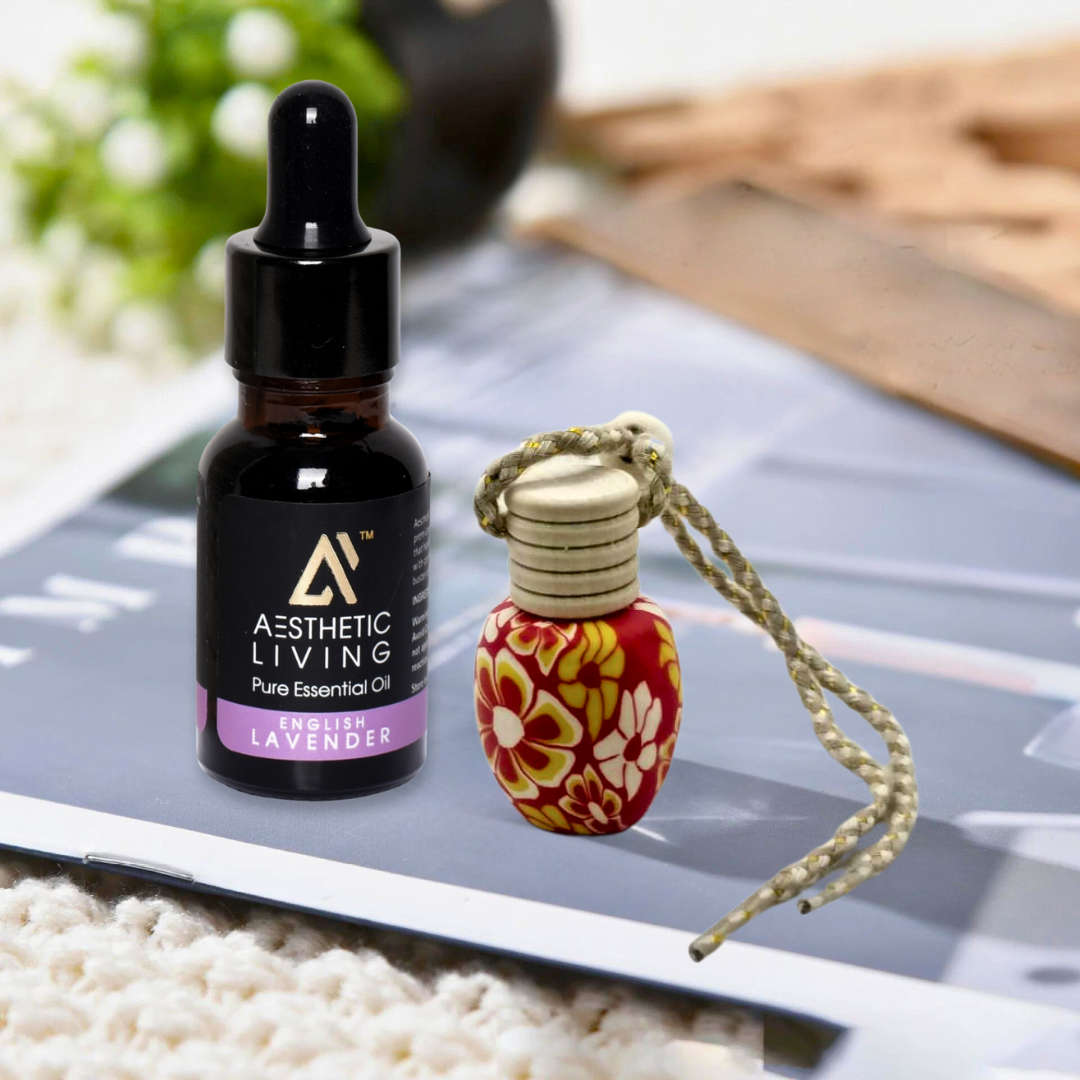 Aesthetic living floral car aromatizer/ diffuser bottle with essential oil (Multi shape-5ml+ essential oil 15ml)
