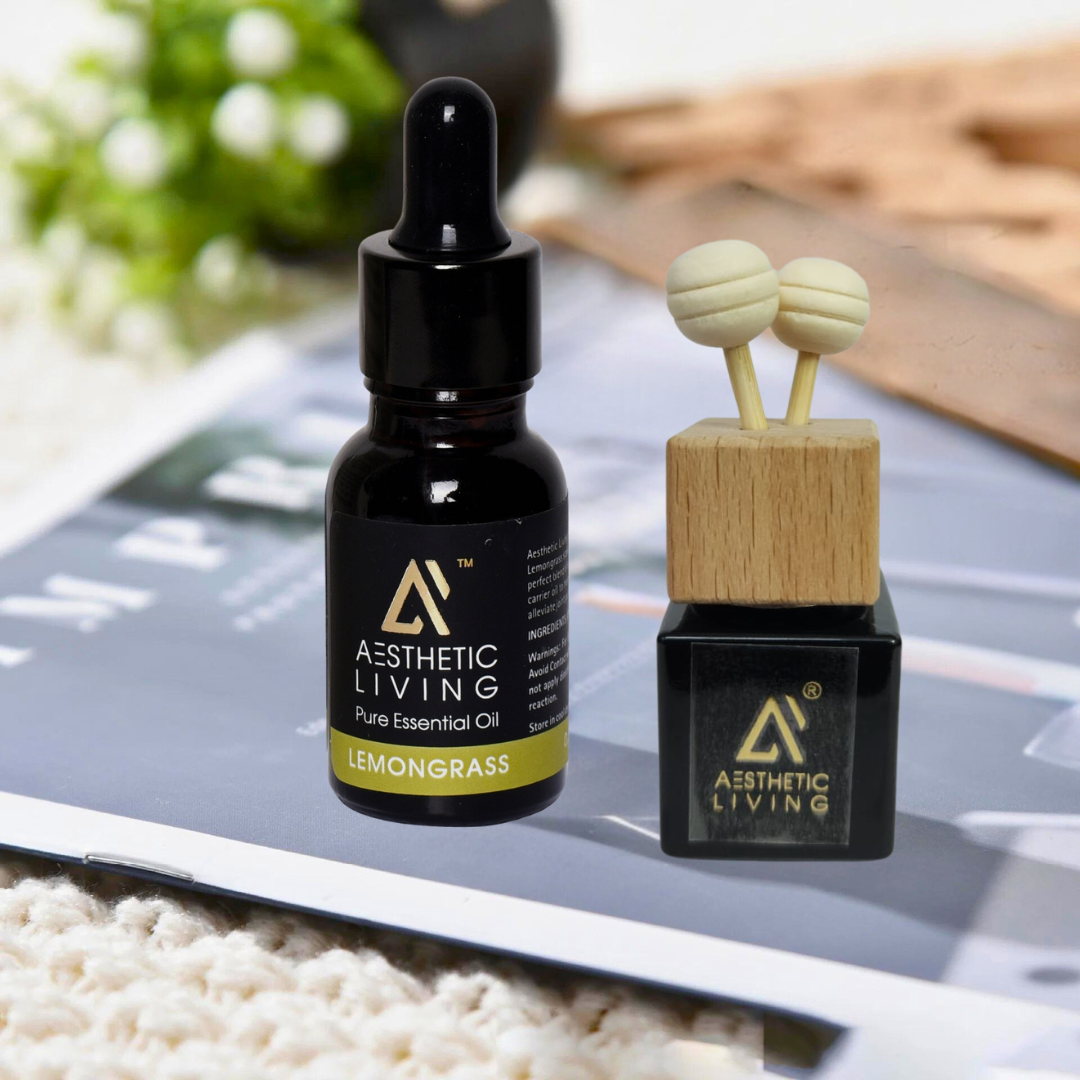 Aesthetic Living Reed Pods Car Aromatizer Diffuser Bottle ( Black Reed Vent Clip  Combo-8ml+ Essential Oil- 15 ml)