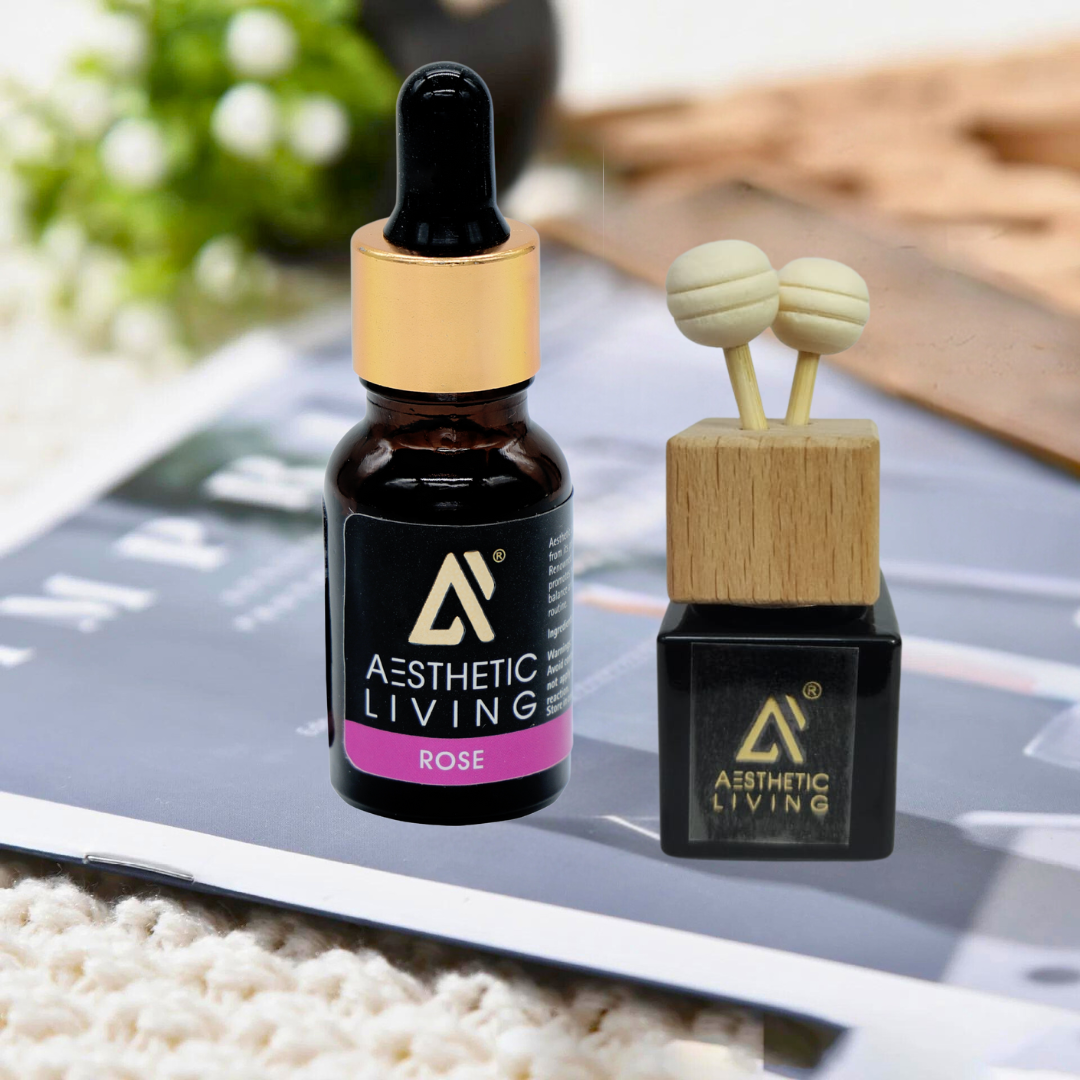 Aesthetic Living Reed Pods Car Aromatizer Diffuser Bottle ( Black Reed Vent Clip  Combo-8ml+ Essential Oil- 15 ml)