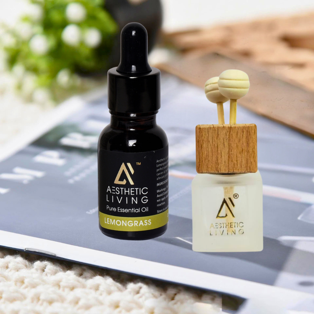 Aesthetic Living Reed Pods Car Aromatizer Diffuser Bottle ( White Reed Vent Clip  Combo-8ml+ Essential Oil- 15 ml)