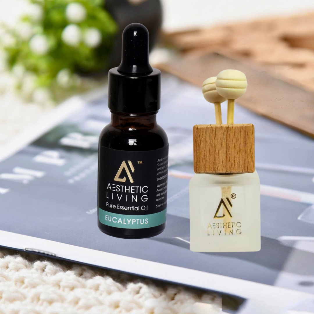 Aesthetic Living Reed Pods Car Aromatizer Diffuser Bottle ( White Reed Vent Clip  Combo-8ml+ Essential Oil- 15 ml)