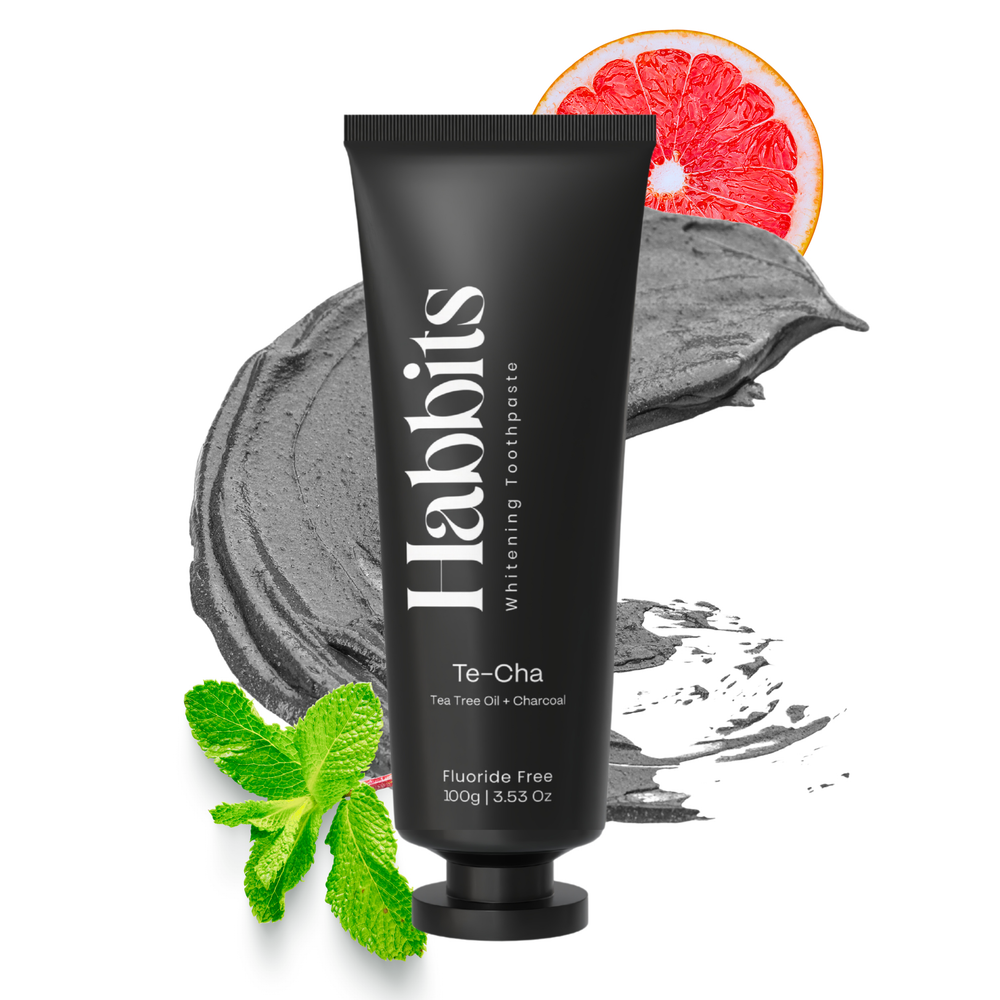 Habbits Te-Cha Whitening Toothpaste | Tea Tree + Activated Charcoal | Fluoride-Free | Fights Plaque & Bad Breath | Natural, Vegan, Enamel-Safe Toothpaste