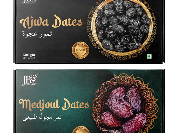 JB&CO Ajwa & Medjool Dates combo - Imported from UAE - Holy City of Madina | Original Arebian Dates | Non Pitted | Khajoor | 100% Natural | Pack of 1 KG 500g each (2 X 500g)