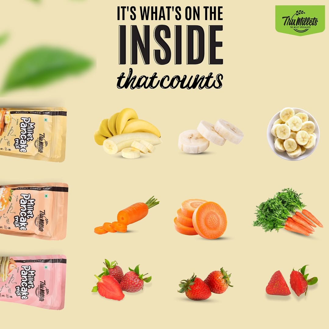 Trumillets MILLET CLASSIC,CARROT,STRAWBERRY,BANANA PANCAKE,EACH 150 gm (Pack of 8)