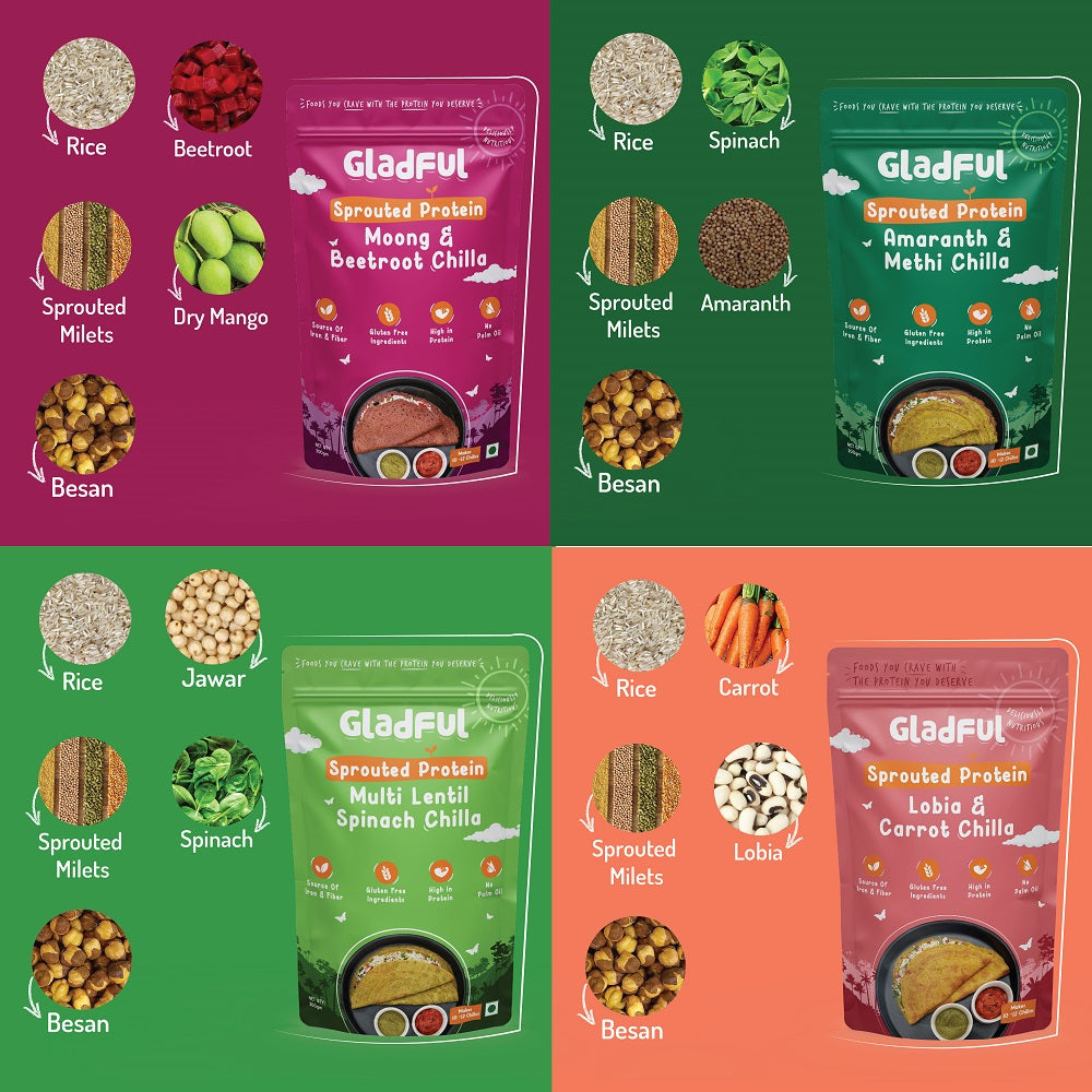 Gladful Sprouted chilla beetroot spinach carrot methi - lentils and millets instant mix combo (4 packs) - 800 gms