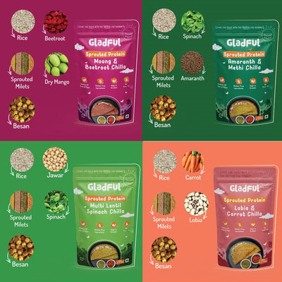 Sprouted chilla beetroot spinach carrot methi - lentils and millets instant mix combo (4 packs) - 800 gms