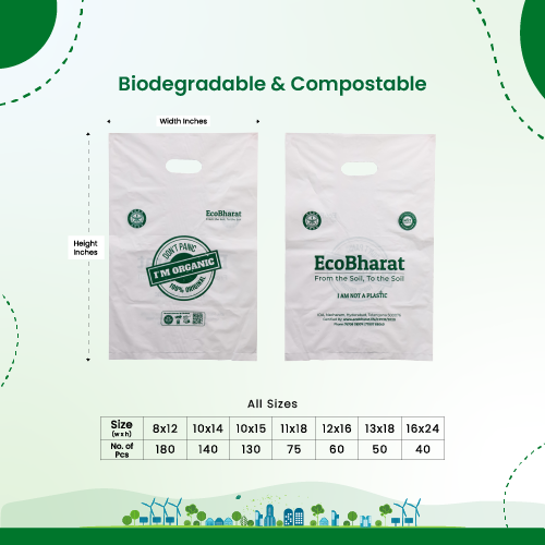 Ecobharat Bio-degradable and Compostable Carry Bags, Grocery Bags, Shopping Bags | White (D-cut)