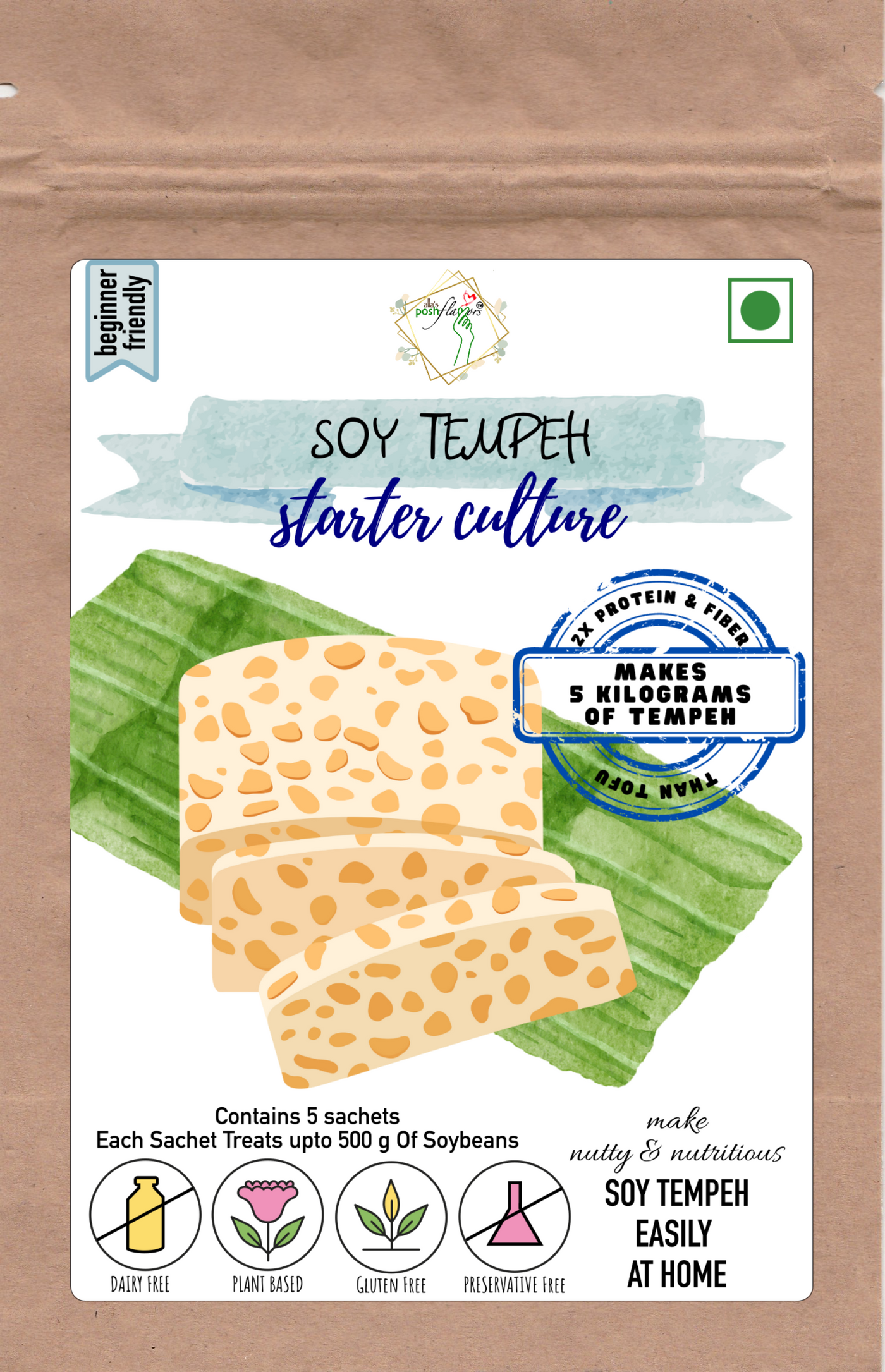 Alla's Posh Flavors Soy Tempeh Starter Culture | Makes 5 kg of Fresh Tempeh