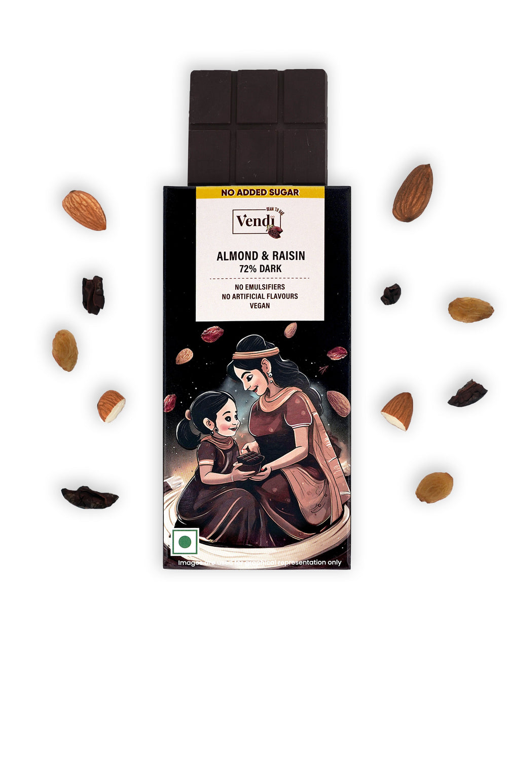 Vendi 72% DARK Almond & Raisin - No Added Sugar Vegan Chocolate