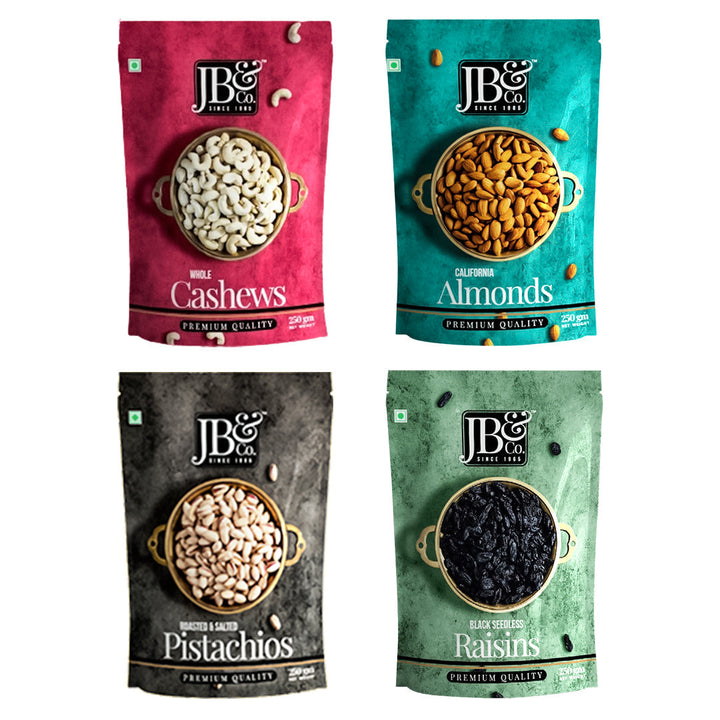 JB&CO Combo Pack of fry fruits, Imported Cashews, Almonds, Roasted Salted Pista, Black Raisins, 250g Each, 1kg Total