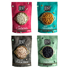 JB&CO Combo Pack of fry fruits, Imported Cashews, Almonds, Roasted Salted Pista, Black Raisins, 250g Each, 1kg Total