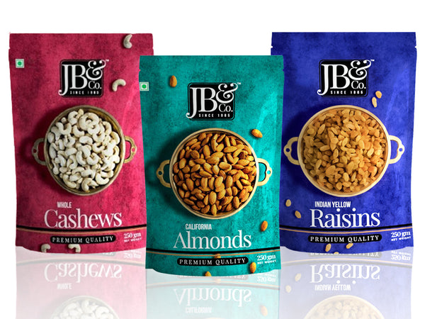 JB&CO Mixed Dry Fruits Combo Pack, Cashews, Almonds and Raisins, 250g Each, Pack of 3 X 250g