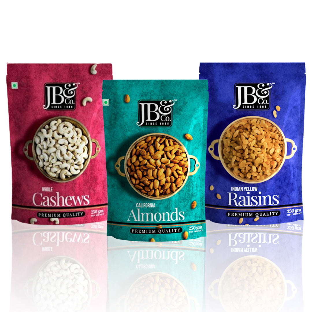 JB&CO Mixed Dry Fruits Combo Pack, Cashews, Almonds and Raisins, 250g Each, Pack of 3 X 250g