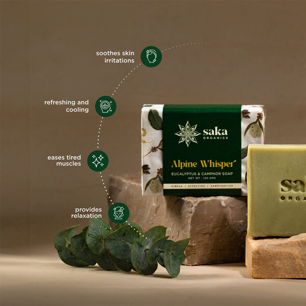 Saka Organics - Alpine Whisper | Handmade Eucalyptus & Camphor Soap with Moisturizing Formula | Natural Spa Bar for Normal Skin (120gm)