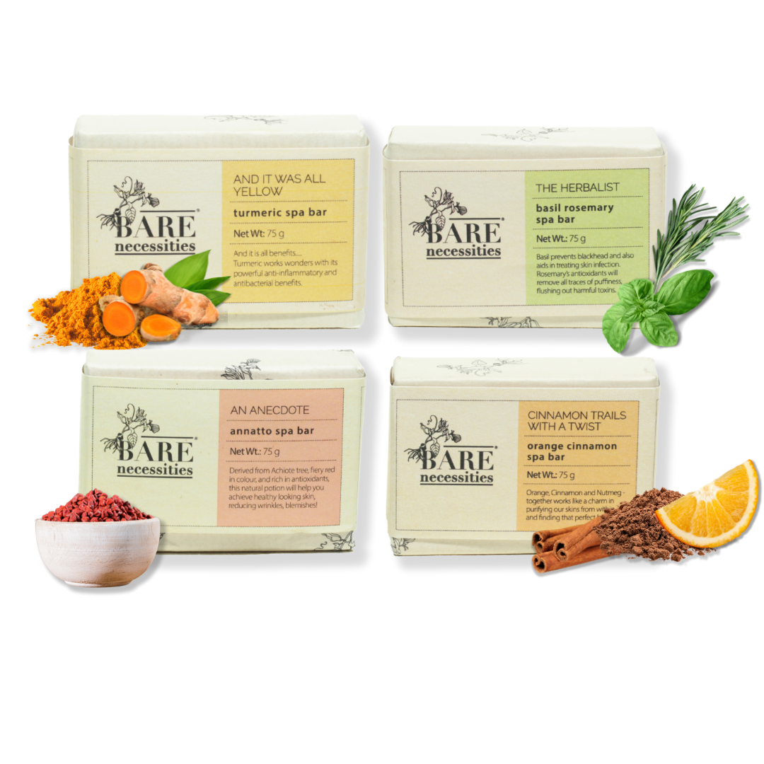 Bare Necessities Luxury handmade soap bar | pack of 4 - turmeric glow, nourishing rosemary, deep cleansing orange, exfoliating annatto