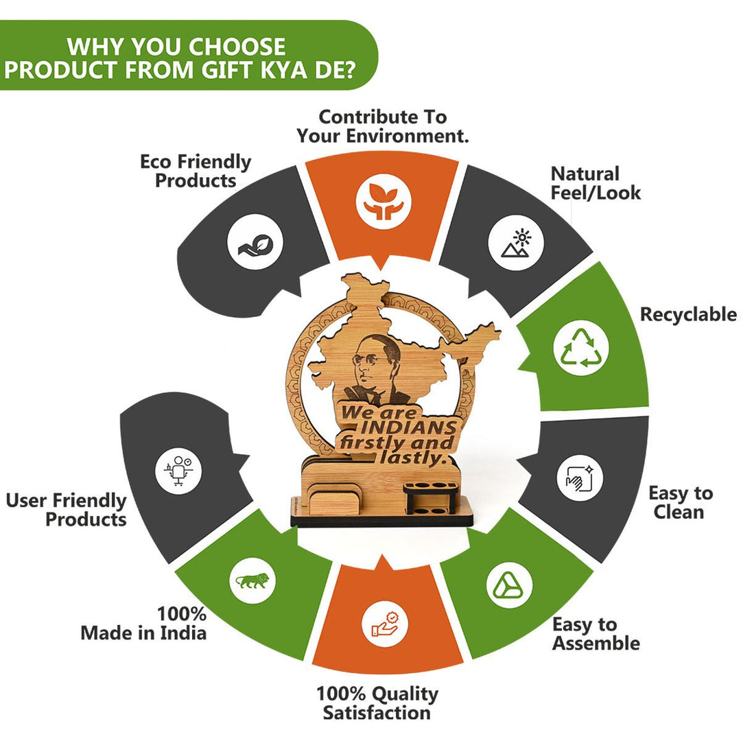 Gift Kya De Political Pen Stand and Card Holder | Gandhi Ji, Ambedkar Ji & Bhagat Singh Ji  | Wise Quotes | Mementos