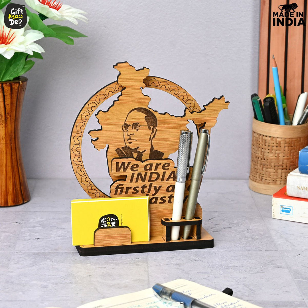 Gift Kya De Political Pen Stand and Card Holder | Gandhi Ji, Ambedkar Ji & Bhagat Singh Ji  | Wise Quotes | Mementos