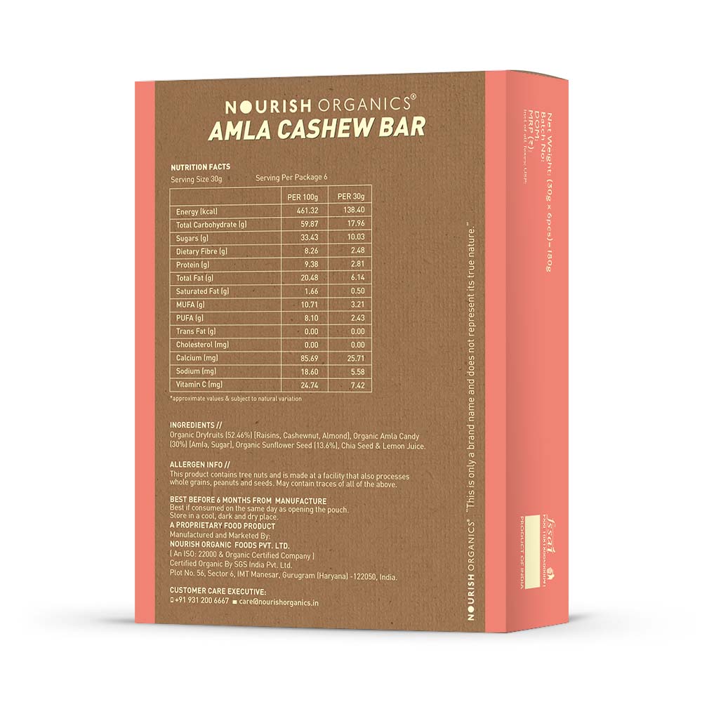 Nourish Organics Amla Cashews Bar, 30g (Pack of 6)