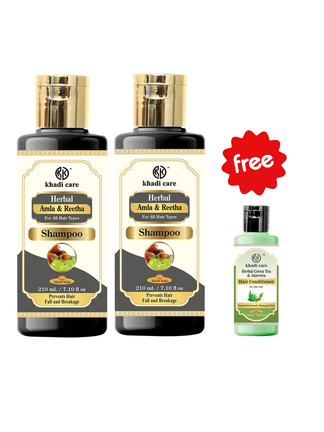 Khadi Care Herbal Amla & Reetha Shampoo (210ml Each) Pack of 2 Free Green Tea and Aloevera Hair Conditioner (30ml)