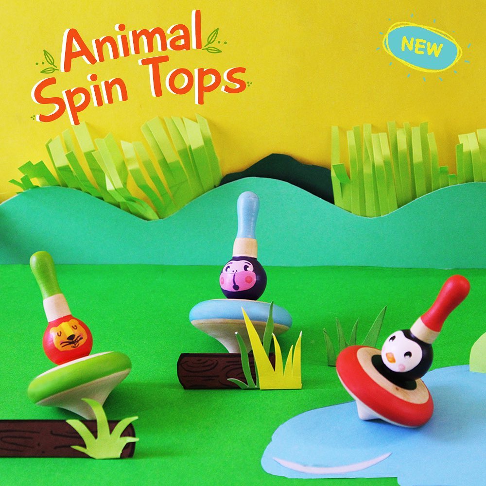 Shumee Wooden Animal Spin Tops - Set of 3