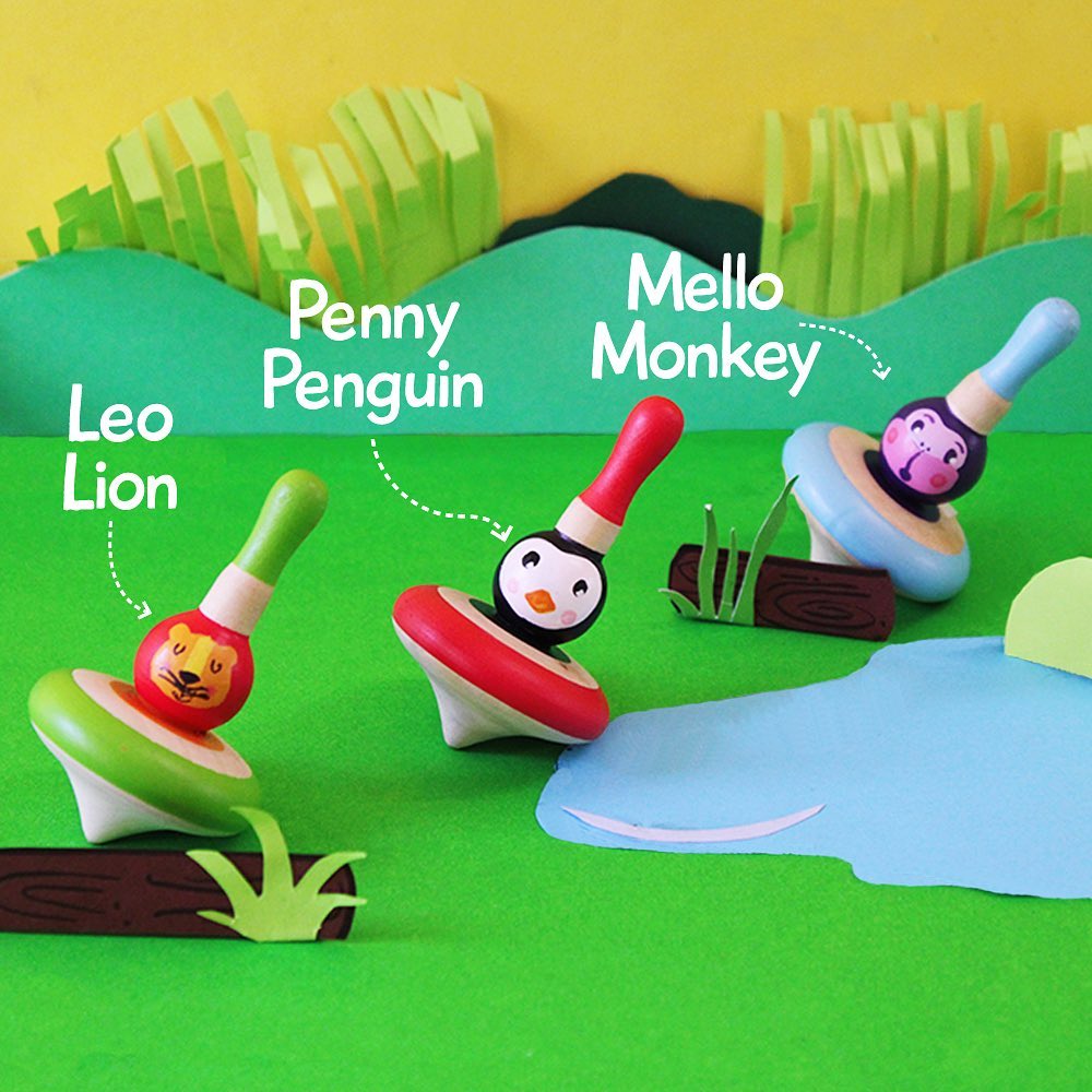 Shumee Wooden Animal Spin Tops - Set of 3