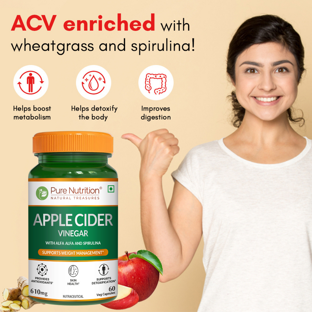 Apple Cider Vinegar with Wheat Grass and Spirulina - 60 Veg Capsules | Supports Detox and Weight Management