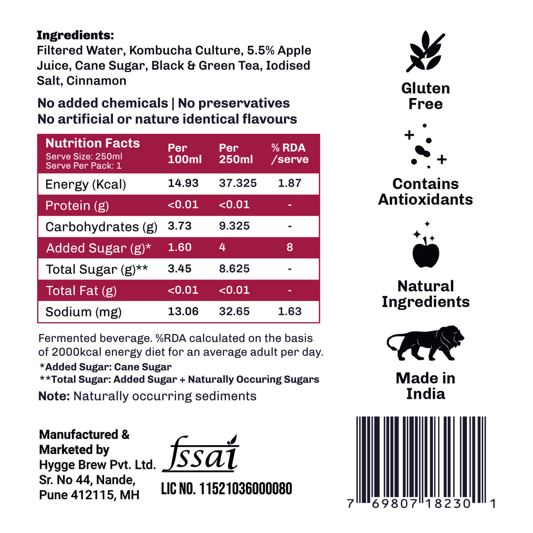 Umami Brew Apple Cinnamon Sparkling Kombucha (Pack of 6)