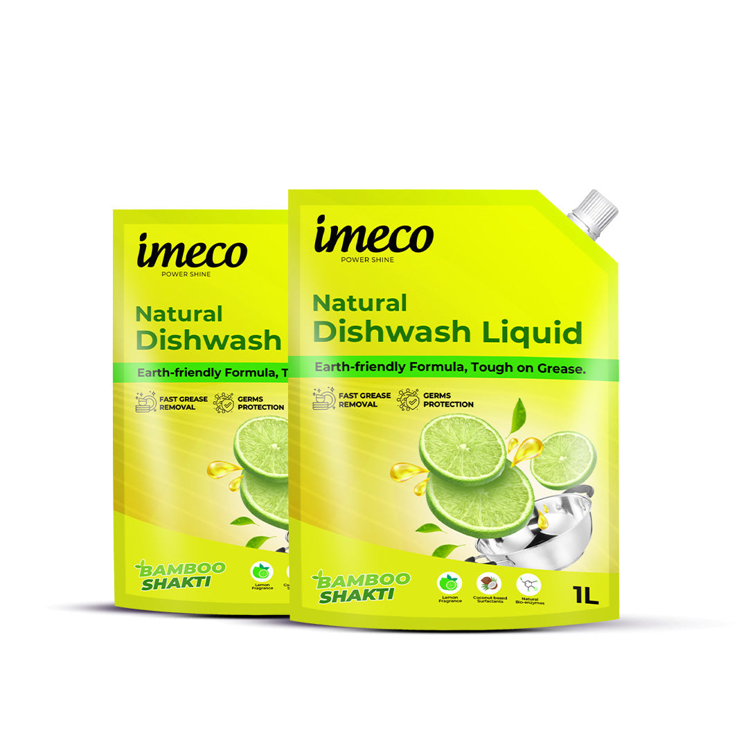 IMECO Bamboo Shakti Dishwash Liquid 1 Liter (Pouch) - Lemon Fragrance & Coconut-Based Surfactants With Natural Enzymes - Safe on Hands