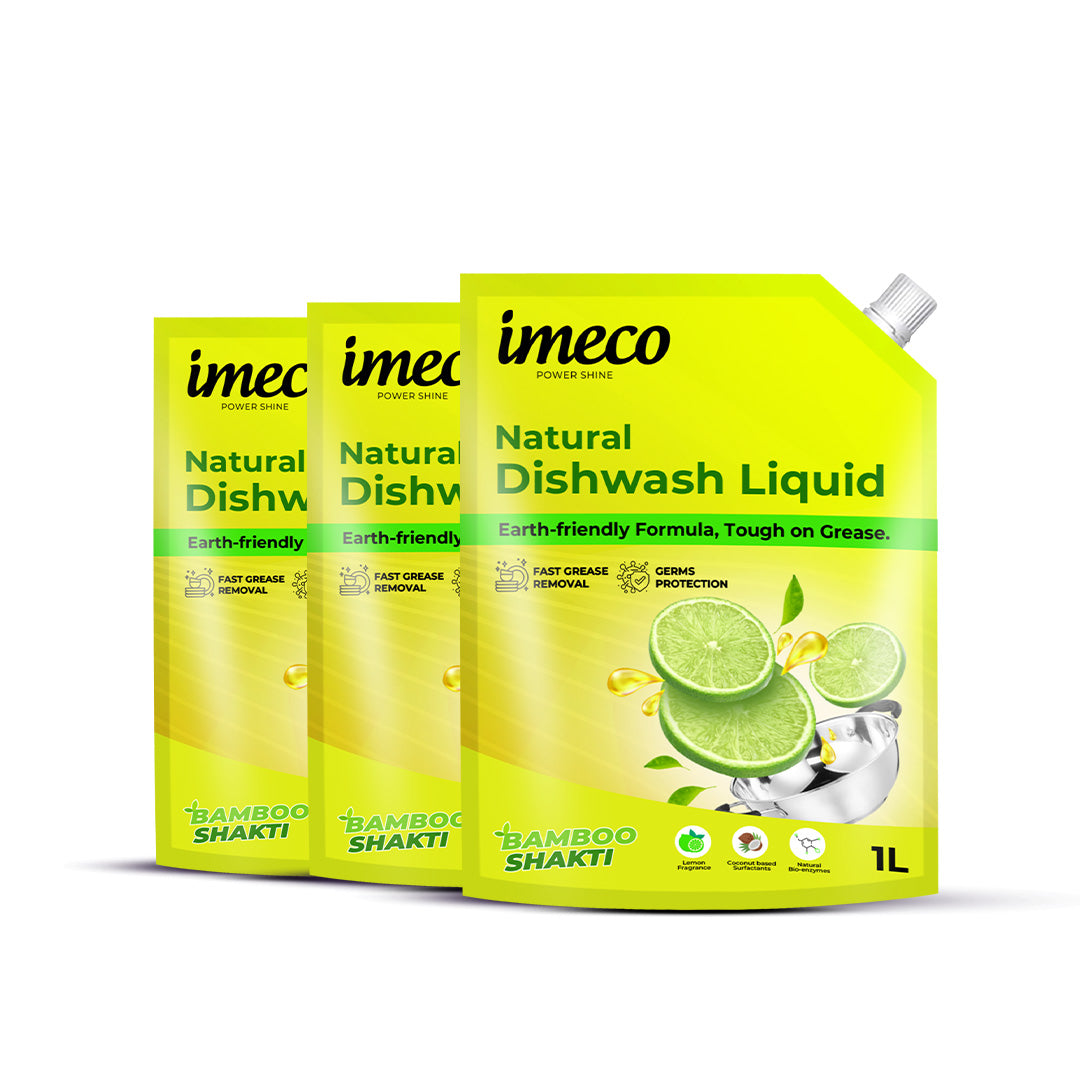 IMECO Bamboo Shakti Dishwash Liquid 1 Liter (Pouch) - Lemon Fragrance & Coconut-Based Surfactants With Natural Enzymes - Safe on Hands