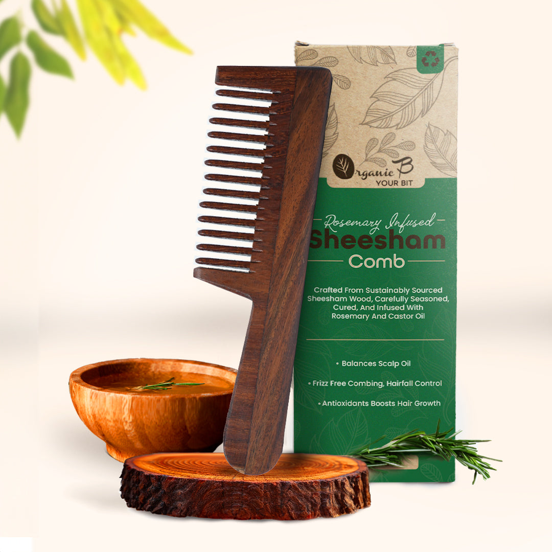 Organic B Indian Rosewood Straight Handle Wide Tooth Comb |Rosemary Infused